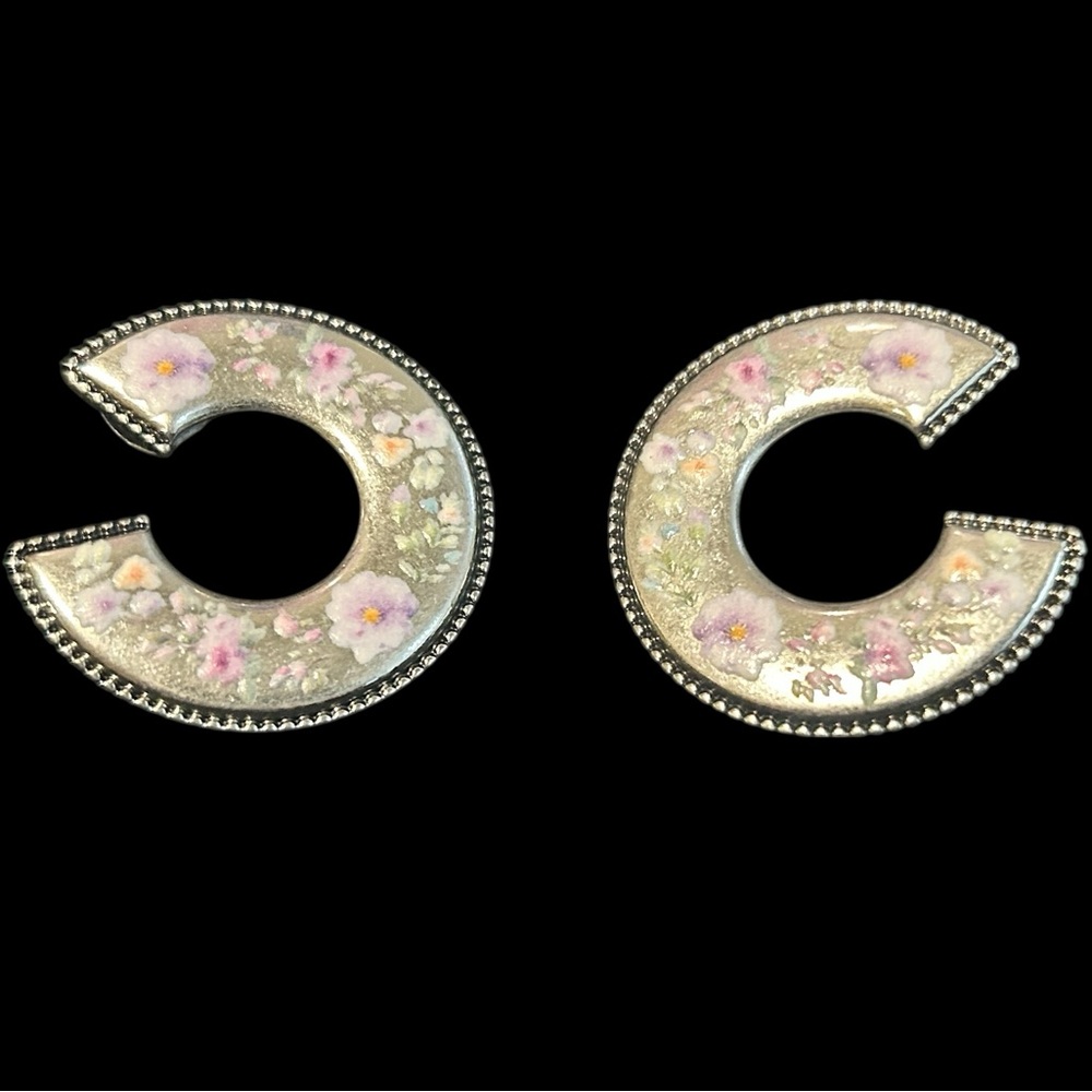 Silver Tone Floral Inlay C-Hoop Earrings | Sample Piece | Pierced